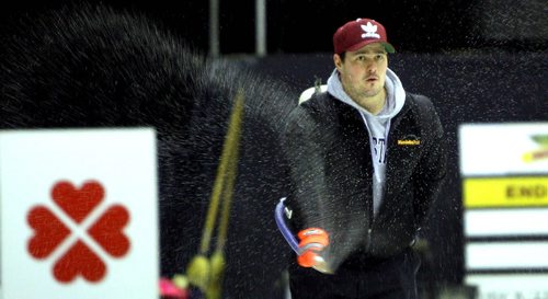 BEAUSEJOUR, MB - Ice tech Matt Rankine works on the ice at Sun Gro Centre for The Scotties Tournament of Hearts Wednesday evening. He is one of 15 people that are in charge of the ice making. BORIS MINKEVICH / WINNIPEG FREE PRESS January 20, 2016