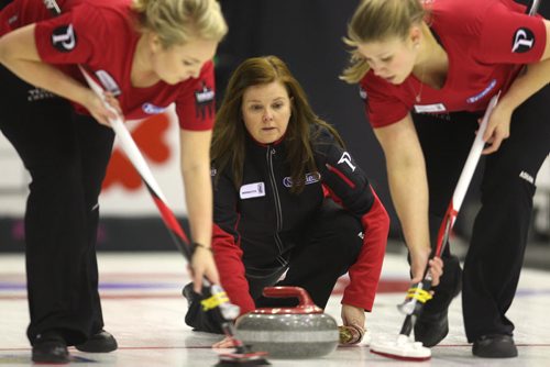 BEAUSEJOUR, MB -Barb Spencer skips at the 8:30 draw at Sun Gro Centre for The Scotties Tournament of Hearts Wednesday evening. BORIS MINKEVICH / WINNIPEG FREE PRESS January 20, 2016