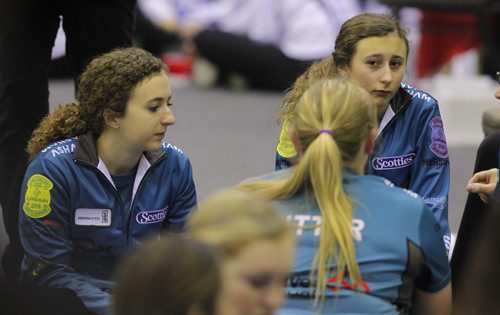 BEAUSEJOUR, MB -Skip Mackenzie Zacharias, left,  and her 14 year old little sister Emily, right,  at the 4:30 draw at Sun Gro Centre for The Scotties Tournament of Hearts Thursday evening. BORIS MINKEVICH / WINNIPEG FREE PRESS January 21, 2016