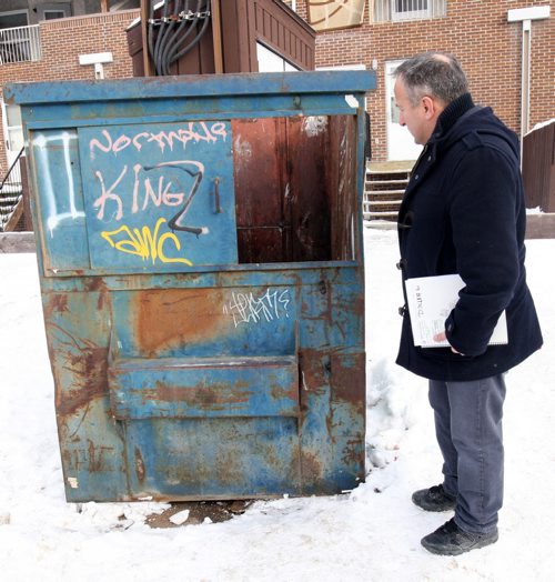 Winnipeg Police Service Detective Sgt. Rob Kanaski at a dumpster in the rear of 739 Flora Avenue where a assault of a 13 year old child took place on January 7th, 2016. The child who has a intellectual disability was placed into the dumpster by unknown person or persons - See  Kevin Rollason Story- Jan 22, 2016   (JOE BRYKSA / WINNIPEG FREE PRESS)