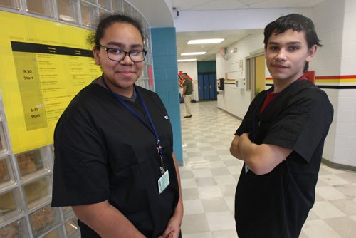 A group of high school students at Children of the Earth, Brandon Chartrand, and Dawnis Gaywish, left, are in a specialized high school medical program that has them interning at various Winnipeg hospitals, including the Pan Am Clinic. Students even get to observe surgery from inside operating rooms, one-on-one with the doctors. The goal of the program is get more indigenous kids interested in medical careers- See  Shamona Harnett Story- Jan 22, 2016   (JOE BRYKSA / WINNIPEG FREE PRESS)
