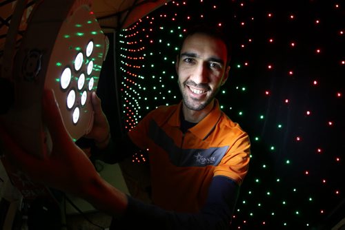 Sinan Leylek, President and CEO of Spark Rentals, a lighting equipment rental company, at his booth at the Wonderful Wedding Show at the Winnipeg Convention Centre, Friday, January 22, 2016. (TREVOR HAGAN/WINNIPEG FREE PRESS)