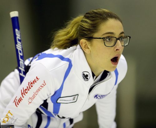Shannon Birchard instructs her sweepers during the 2016 Scotties Tournament of Hearts in Beausejour, Friday, January 22, 2016. (TREVOR HAGAN/WINNIPEG FREE PRESS)