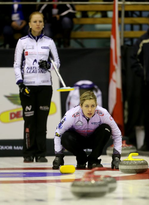 Kristy McDonald, left and Michelle Montford, during the 2016 Scotties Tournament of Hearts in Beausejour, Friday, January 22, 2016. (TREVOR HAGAN/WINNIPEG FREE PRESS)