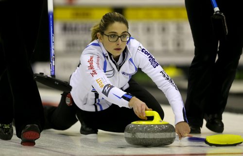 Shannon Birchard throws a stone during the 2016 Scotties Tournament of Hearts in Beausejour, Friday, January 22, 2016. (TREVOR HAGAN/WINNIPEG FREE PRESS)