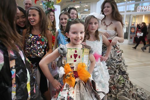 Students from across Winnipeg show off their outfits made out of recycled material at St. Vital Centre as part of a Take Pride Winnipeg and Multi-Material Stewardship Manitoba Fashion Fest Saturday.  Nineteen students showcased their designs as part of a educational program  for students by MMSM to bring awareness to fun ways to reuse discarded materials.   Standup photos Jan 23, 2016 Ruth Bonneville / Winnipeg Free Press