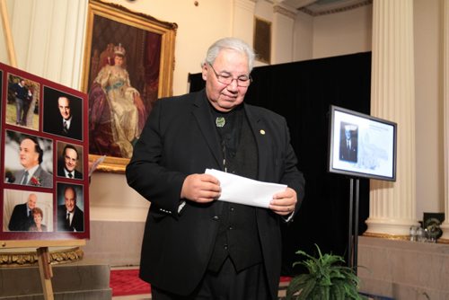 Justice Murray Sinclair  walks back to his seat after sharing his reflectings on the life of The Honourable Howard Pawley, former premier of Manitoba who he fondly refers to as his   "best friend" at the Manitoba Legislature Saturday during memorial service. See Alex Paul story.  Jan 23, 2016 Ruth Bonneville / Winnipeg Free Press