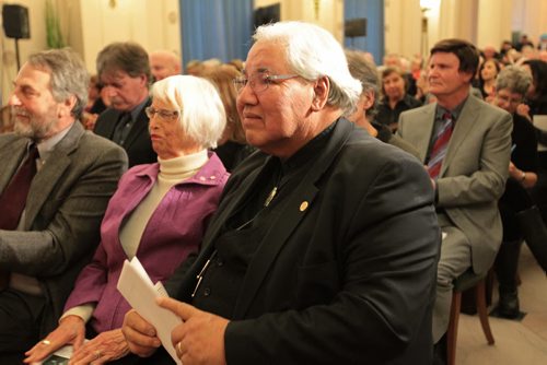 Justice Murray Sinclair sits back down at his seat after sharing his reflectings on the life of The Honourable Howard Pawley, former premier of Manitoba who he fondly refers to as his   "best friend"  at the Manitoba Legislature Saturday during memorial service. See Alex Paul story.  Jan 23, 2016 Ruth Bonneville / Winnipeg Free Press
