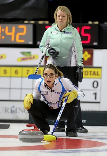 Shannon Birchard instructs her sweepers as Cathy Overton-Clapham looks on during the 2 vs 2 playoff game during the 2016 Scotties Tournament of Hearts in Beausejour, Saturday, January 23, 2016. (TREVOR HAGAN/WINNIPEG FREE PRESS)