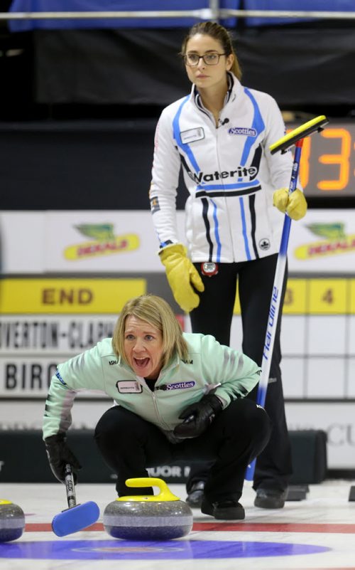 Cathy Overton-Clapham instructs her sweepers as Shannon Birchard looks on during the 2 vs 2 playoff game during the 2016 Scotties Tournament of Hearts in Beausejour, Saturday, January 23, 2016. (TREVOR HAGAN/WINNIPEG FREE PRESS)