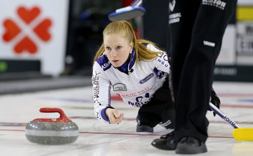 Kristy McDonald throws a rock during the 1 vs 1 playoff game during the 2016 Scotties Tournament of Hearts in Beausejour, Saturday, January 23, 2016. (TREVOR HAGAN/WINNIPEG FREE PRESS)