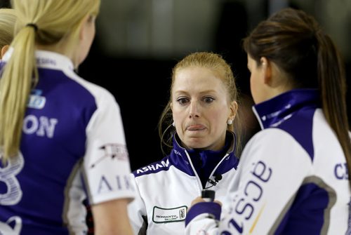 Kristy McDonald with her team during the 1 vs 1 playoff game during the 2016 Scotties Tournament of Hearts in Beausejour, Saturday, January 23, 2016. (TREVOR HAGAN/WINNIPEG FREE PRESS)