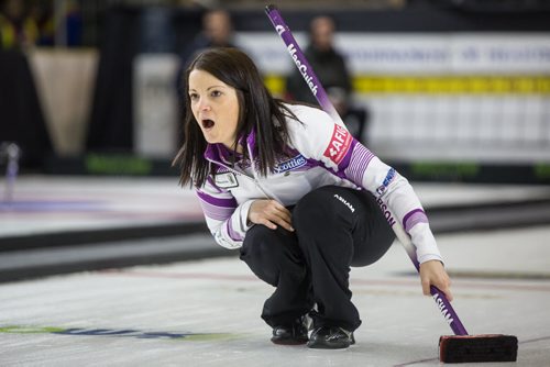 Skip Kerri Einarson reacts after throwing a rock against Team McDonald during the finals of the Scotties Tournament of Hearts in Beausejour, Manitoba, Sunday afternoon. 160124 - Sunday, January 24, 2016 -  MIKE DEAL / WINNIPEG FREE PRESS