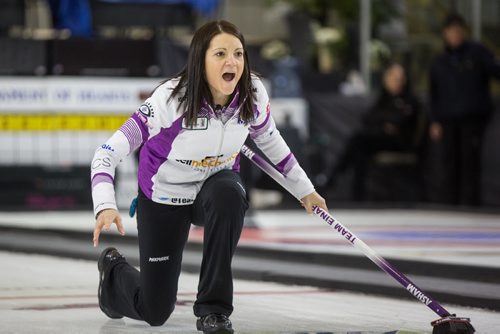 Skip Kerri Einarson reacts after throwing a rock against Team McDonald during the finals of the Scotties Tournament of Hearts in Beausejour, Manitoba, Sunday afternoon. 160124 - Sunday, January 24, 2016 -  MIKE DEAL / WINNIPEG FREE PRESS