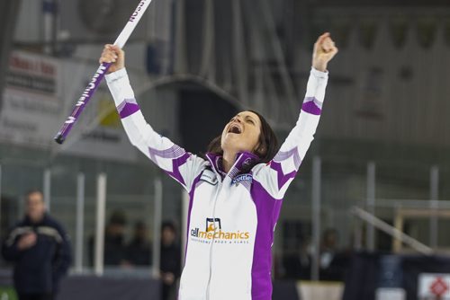 Skip Kerri Einarson reacts after her last rock winning the Scotties Tournament of Hearts against Team McDonald 7-4 in Beausejour, Manitoba, Sunday afternoon. 160124 - Sunday, January 24, 2016 -  MIKE DEAL / WINNIPEG FREE PRESS