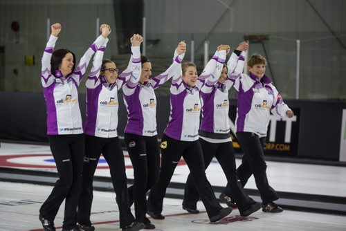 Skip Kerri Einarson (left) and her team (l-r), Selena Kaatz, Liz Fyfe, Kristin MacCuish, Cherie-Ann Sheppard and coach Patti Wuthrich react after winning the Scotties Tournament of Hearts against Team McDonald 7-4 in Beausejour, Manitoba, Sunday afternoon. 160124 - Sunday, January 24, 2016 -  MIKE DEAL / WINNIPEG FREE PRESS