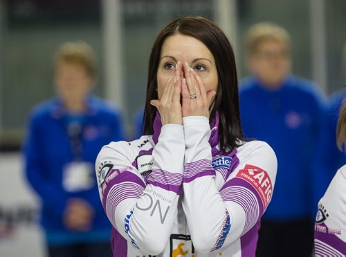 Skip Kerri Einarson reacts after winning the Scotties Tournament of Hearts against Team McDonald 7-4 in Beausejour, Manitoba, Sunday afternoon. 160124 - Sunday, January 24, 2016 -  MIKE DEAL / WINNIPEG FREE PRESS