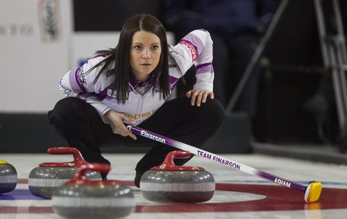Skip Kerri Einarson watches a thrown rock slide towards her during the finals of the Scotties Tournament of Hearts against Team McDonald in Beausejour, Manitoba, Sunday afternoon. 160124 - Sunday, January 24, 2016 -  MIKE DEAL / WINNIPEG FREE PRESS