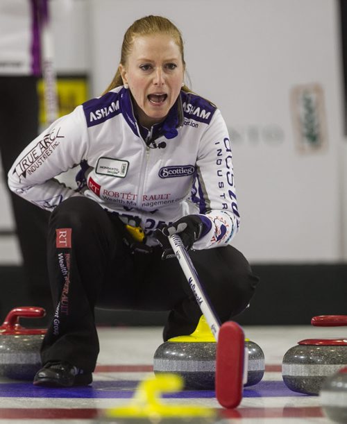 Skip Kristy McDonald yells as instructions as a rock is thrown against Team Einarson during the finals of the Scotties Tournament of Hearts in Beausejour, Manitoba, Sunday afternoon. 160124 - Sunday, January 24, 2016 -  MIKE DEAL / WINNIPEG FREE PRESS