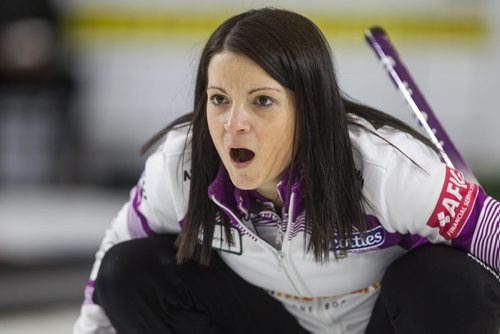 Skip Kerri Einarson yells after throwing a rock against Team McDonald during the finals of the Scotties Tournament of Hearts in Beausejour, Manitoba, Sunday afternoon. 160124 - Sunday, January 24, 2016 -  MIKE DEAL / WINNIPEG FREE PRESS