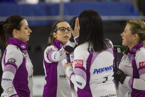 Team Einarson congratulate each other after a good end against Team McDonald during the finals of the Scotties Tournament of Hearts in Beausejour, Manitoba, Sunday afternoon. 160124 - Sunday, January 24, 2016 -  MIKE DEAL / WINNIPEG FREE PRESS
