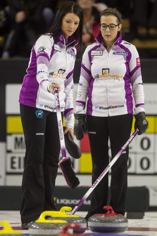 Skip Kerri Einarson (left) and Selena Kaatz discuss their next move against Team McDonald during the finals of the Scotties Tournament of Hearts in Beausejour, Manitoba, Sunday afternoon. 160124 - Sunday, January 24, 2016 -  MIKE DEAL / WINNIPEG FREE PRESS