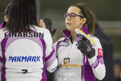 Skip Kerri Einarson (left) and Selena Kaatz congratulate each other after a good end against Team McDonald during the finals of the Scotties Tournament of Hearts in Beausejour, Manitoba, Sunday afternoon. 160124 - Sunday, January 24, 2016 -  MIKE DEAL / WINNIPEG FREE PRESS