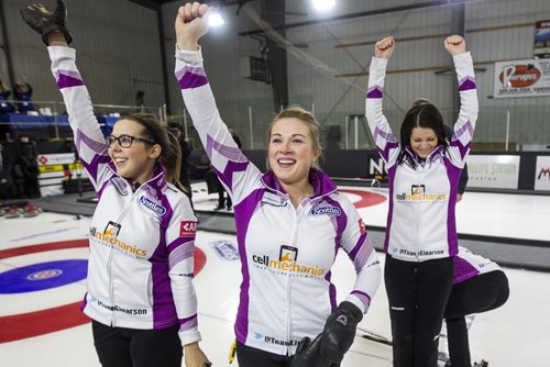 Skip Kerri Einarson (right) and her team mates Kristin MacCuish (centre) and Selena Kaatz (left) react after winning the Scotties Tournament of Hearts against Team McDonald 7-4 in Beausejour, Manitoba, Sunday afternoon. 160124 - Sunday, January 24, 2016 -  MIKE DEAL / WINNIPEG FREE PRESS