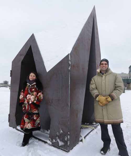 Tanya Tagaq, an Inuk throat singer from Nunavut and Peter Hargraves  with Sputnik Architecture on The Forks river trail Monday to unveil the IN THE LIGHT OF THE KULLIK warming hut.  The design of In the Light of the Kullik is a collaborative effort between Tanya Tagaq and local architecture firm Sputnik Architecture. The metal form will be removed leaving the snow sculpture.  Alex Paul story Wayne Glowacki / Winnipeg Free Press Jan. 25 2016