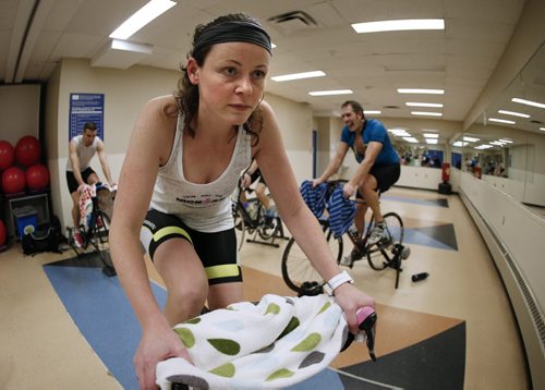 January 25, 2016 - 160125  -  Joanne Schiewe. who has stage-four brain cancer, works out with her triathalon group, Tribalistic, at the Pan-Am Pool Monday, January 25, 2016. Schiewe continues to work out, skydive and run marathons as much as she can despite her illness. John Woods / Winnipeg Free Press