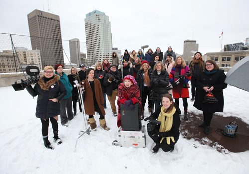 Story, Women in Winnipeg film.  A group of women filmmakers and videomakers pose for a group photo on the rooftop of ArtsSpace for story showcasing  how large the community is in Wpg.  See Jen Zoratti story.   Jan 26, 2016 Ruth Bonneville / Winnipeg Free Press