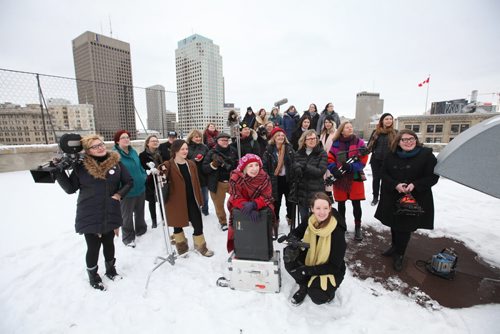 Story, Women in Winnipeg film.  A group of women filmmakers and videomakers pose for a group photo on the rooftop of ArtsSpace for story showcasing  how large the community is in Wpg.  See Jen Zoratti story.   Jan 26, 2016 Ruth Bonneville / Winnipeg Free Press