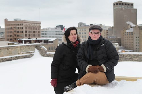 Story, Women in Winnipeg film.  Local filmmakers, partners Shawna Dempsey (left) and Lorri Millan (glasses) have their portrait taken together on the rooftop of ArtsSpace for story on local women in the film business.  See Jen Zoratti story.   Jan 26, 2016 Ruth Bonneville / Winnipeg Free Press