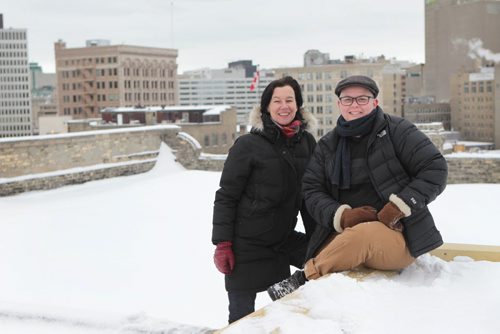 Story, Women in Winnipeg film.  Local filmmakers, partners Shawna Dempsey (left) and Lorri Millan (glasses) have their portrait taken together on the rooftop of ArtsSpace for story on local women in the film business.  See Jen Zoratti story.   Jan 26, 2016 Ruth Bonneville / Winnipeg Free Press