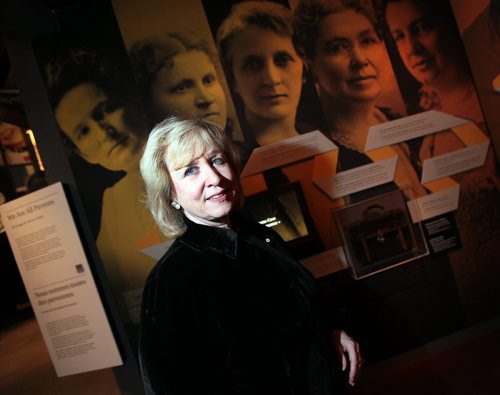 Hon. Kim Campbell at the Museum For Human RIghts Wednesday evening. Behind her left to right, the "famous five", Nellie McClung, Henrietta Muir Edwards, Irene Parlby, Louis McKinney and Emily Murphy who fought for and achieved the vote for women in Canada. See Ashley Prest story. Jauary 27, 2016 - (Phil Hossack / Winnipeg Free Press)