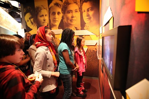 Grade 5 & 6 students from Oakenwald School learn about voting rights in the Right to Vote exhibit during a special tour of the  Canadian Museum for Human Rights (CMHR) on the 100th anniversary Thursday.   Jan 28, 2016 Ruth Bonneville / Winnipeg Free Press