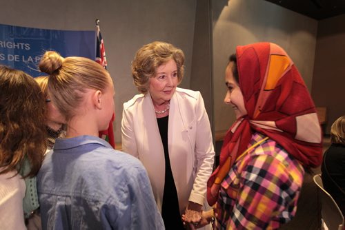 Lt. Gov. Janice Filmon, talks to Dorsa Nourmohammadi,  one of several students from Oakenwald School during a tour and luncheon held at  CMHR for students across Manitoba to learn about voting rights on the 100th anniversary of Women's Right to Vote Thursday.   See Alex Paul story.   Jan 28, 2016 Ruth Bonneville / Winnipeg Free Press