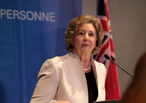 Lt. Gov. Janice Filmon, speaks to about 100 students from across Manitoba about voting rights and during luncheon held at CMHR on the 100th anniversary of Women's Right to Vote Thursday. See Alex Paul story. Jan 28, 2016 Ruth Bonneville / Winnipeg Free Press