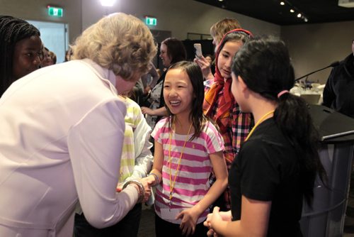 Lt. Gov. Janice Filmon, talks to Jihyun Lim,  one of several students from Oakenwald School during a tour and luncheon held at  CMHR for students across Manitoba to learn about voting rights on the 100th anniversary of Women's Right to Vote Thursday.   See Alex Paul story.   Jan 28, 2016 Ruth Bonneville / Winnipeg Free Press