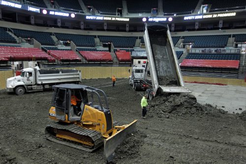 WINNIPEG, MB -MTS CENTRE- 100 truckloads of dirt will be dumped on the floor of the MTS Centre today in preparation for this weekends colossal Monster Jam® event. The Dirt is owned by the event and stored somewhere close by for whenever the monster trucks are in town. Media will be able to get up close and personal with two of the trucks Friday morning at 8am. BORIS MINKEVICH / WINNIPEG FREE PRESS January 28, 2016