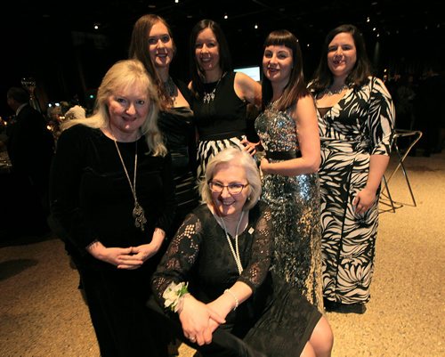 Free Press Women at the Centennial Women's Gala, Celebrating 100 Years of Manitoba Women's Right to Vote. Left to right Maureen Scurfield, Amy Paulic, Rhonda L. Hinther, Wendy Sawatzky, Sarah Lileyman and Shannon Sampert (front).  See Story. January 28, 2016 - (Phil Hossack / Winnipeg Free Press)