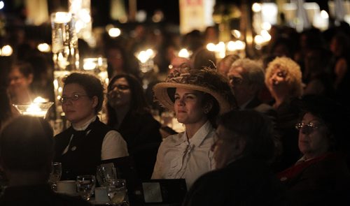 Dressed in period finery Naomi Osask (Center) joined women from across Manitoba at the Centennial Women's Gala, Celebrating 100 Years of Manitoba Women's Right to Vote. See Story. January 28, 2016 - (Phil Hossack / Winnipeg Free Press)