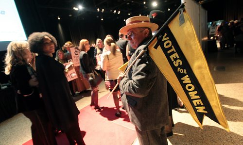 Reinactor Don Zorniak dressed in period attire greets guests arriving at the Centennial Women's Gala, Celebrating 100 Years of Manitoba Women's Right to Vote. See Story. January 28, 2016 - (Phil Hossack / Winnipeg Free Press)