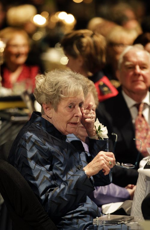 Signy Hansen, daughter of Dr Jessie Lang wipes tears away after acceopting the very first Nellie Award on behalf of her 99 yr old mother, Jessie who was too ill to attend the Centennial Gala, Celebrating 100 Years of Manitoba Women's Right to Vote Thursday evening. See story. January 28, 2016 - (Phil Hossack / Winnipeg Free Press)
