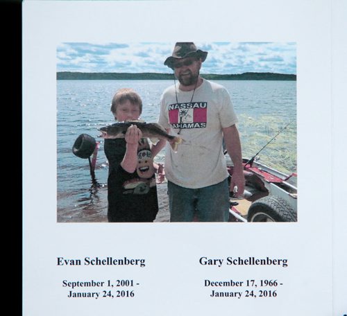 Family photo of Gary Schellenberg and his son Evan on display at the guest book table and printed in the program for their funeral on Friday at the Sunova Center in West St. Paul.  The father and son died on January 24th, 2016 when their snowmobiles collided in a freak accident near Manigotaga Manitoba.    Jan 29, 2016 Ruth Bonneville / Winnipeg Free Press
