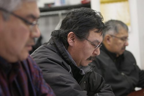 L to R - Chief David McDougall from St Theresa Point, Peter Harper from Red Sucker Lake, and Chief Arnold Flett from Garden Hill First Nation at news conference discussing how Perimeter Airlines  sent wrong casket on a return flight home last Saturday to Red Sucker Lake . -See Alexander Paul story- Jan 29, 2016   (JOE BRYKSA / WINNIPEG FREE PRESS