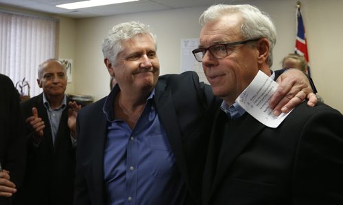 In centre, Gord Mackintosh, St. Johns MLA with Premier Greg Selinger at the  press conference at his constituency office Friday where Mackintosh announced he will not be seeking re-election. At left is  David Chomiak, Minister of Mineral Resources. Larry Kusch story Wayne Glowacki / Winnipeg Free Press Jan. 29 2016