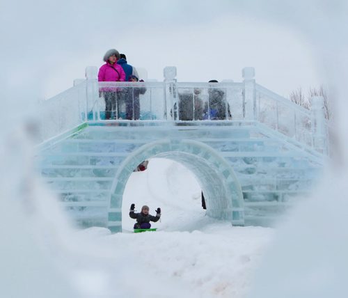 Kids and and families enjoy the view from the ice bridge a toboggan slide that runs under it at The Great Ice Show at the Forks Saturday. Standup photo  Jan 30, 2016 Ruth Bonneville / Winnipeg Free Press