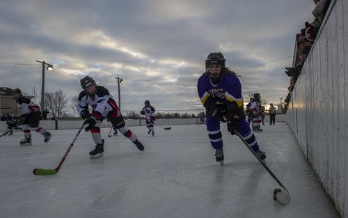 DAVID LIPNOWSKI / WINNIPEG FREE PRESS 160130  Winnipeg East Stars (wearing purple) competed against the Dakota Black during the 1st inaugural Winter Storm Female Classic at the Waverley Heights Site of the South Winnipeg community centre.  Twenty teams equaling over 300 female players between the ages of 7 and 10 from all over the city have registered to take part in the first annual Winter Storm Female Classic. The all-outdoor tourney will take place at the Waverley Heights Site of the South Winnipeg C.C. between January 25th  31st 2016.