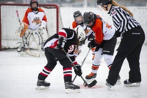 DAVID LIPNOWSKI / WINNIPEG FREE PRESS 160130  Adam A2 Storm Black (in orange and white jerseys) competed against the  Dakota Red  during the 1st inaugural Winter Storm Female Classic at the Waverley Heights Site of the South Winnipeg community centre.  Twenty teams equaling over 300 female players between the ages of 7 and 10 from all over the city have registered to take part in the first annual Winter Storm Female Classic. The all-outdoor tourney will take place at the Waverley Heights Site of the South Winnipeg C.C. between January 25th  31st 2016.
